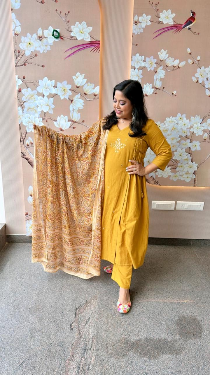 Pure cotton real mirror suit paired with Kalamkari dupatta