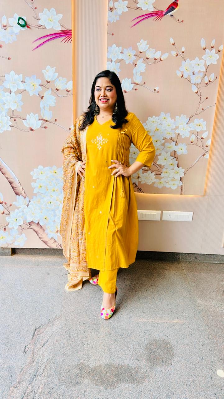 Pure cotton real mirror suit paired with Kalamkari dupatta