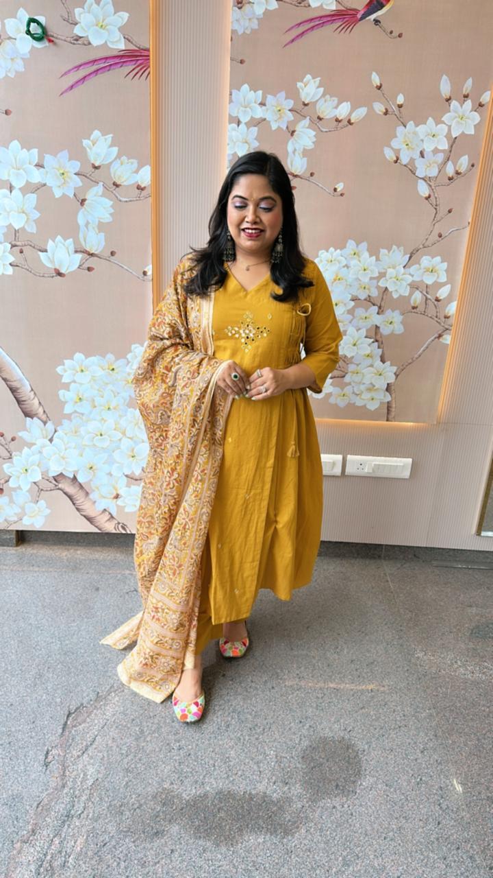 Pure cotton real mirror suit paired with Kalamkari dupatta