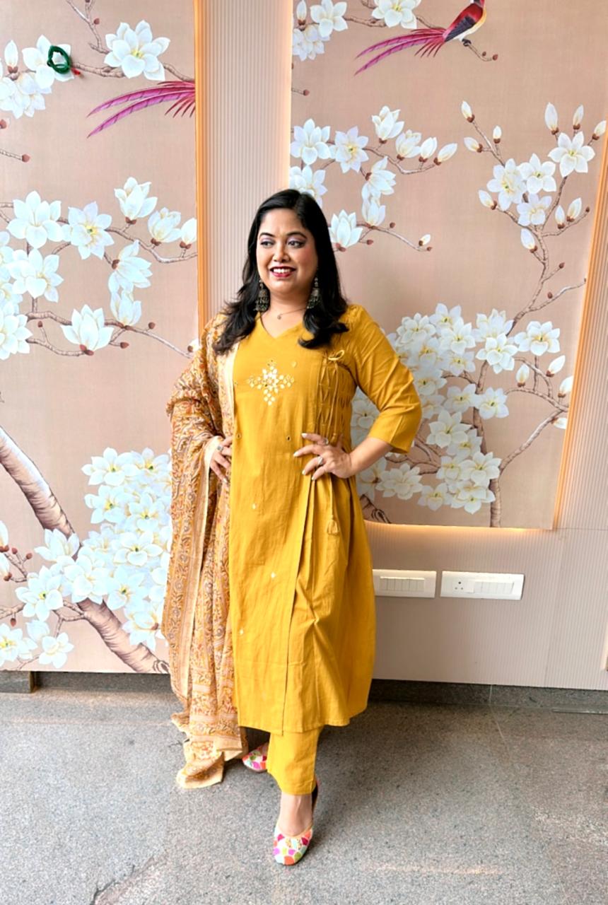 Pure cotton real mirror suit paired with Kalamkari dupatta