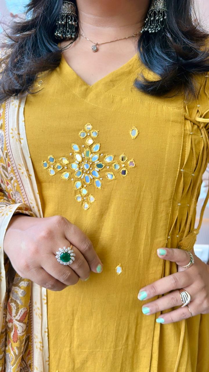 Pure cotton real mirror suit paired with Kalamkari dupatta