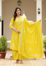 Designer pocket pure cotton suit set in yellow
