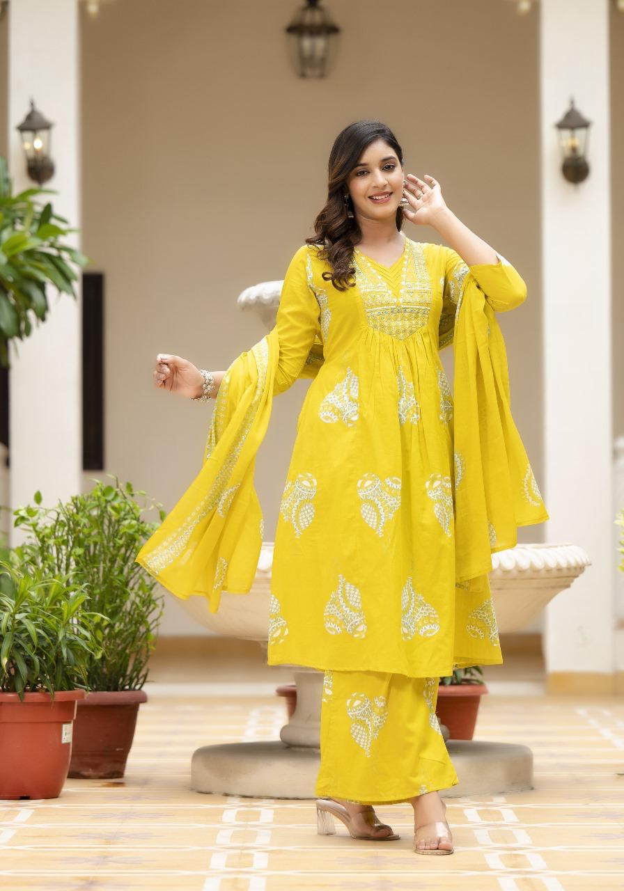 Designer pocket pure cotton suit set in yellow