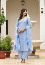 Designer pocket pure cotton suit set in blue