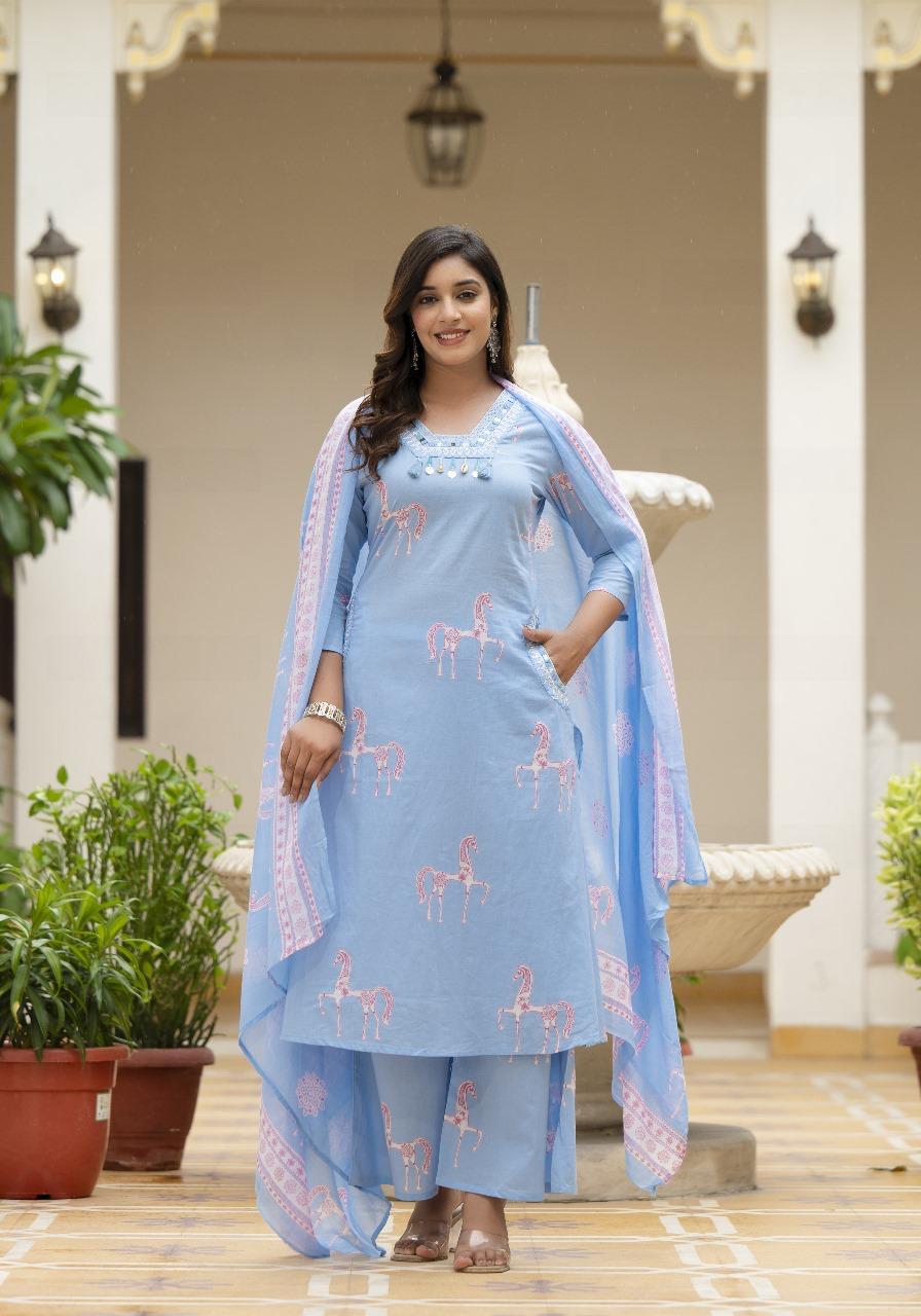 Designer pocket pure cotton suit set in blue