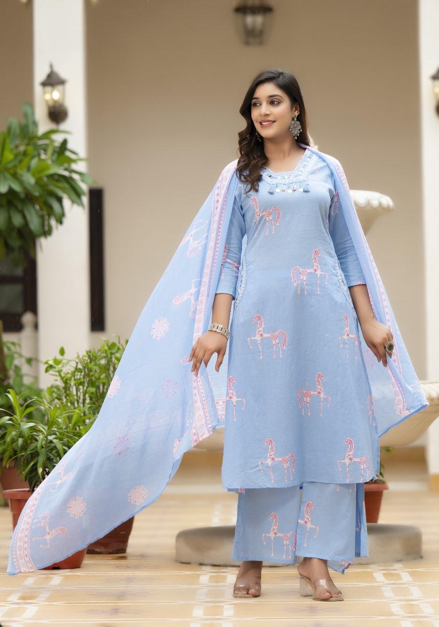 Designer pocket pure cotton suit set in blue