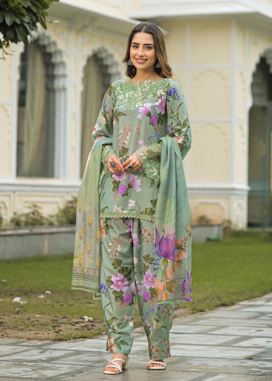 Linen cotton Pakistani style lace detailing farsi suit set in green
