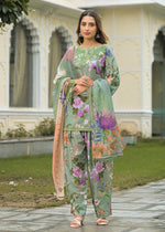 Linen cotton Pakistani style lace detailing farsi suit set in green