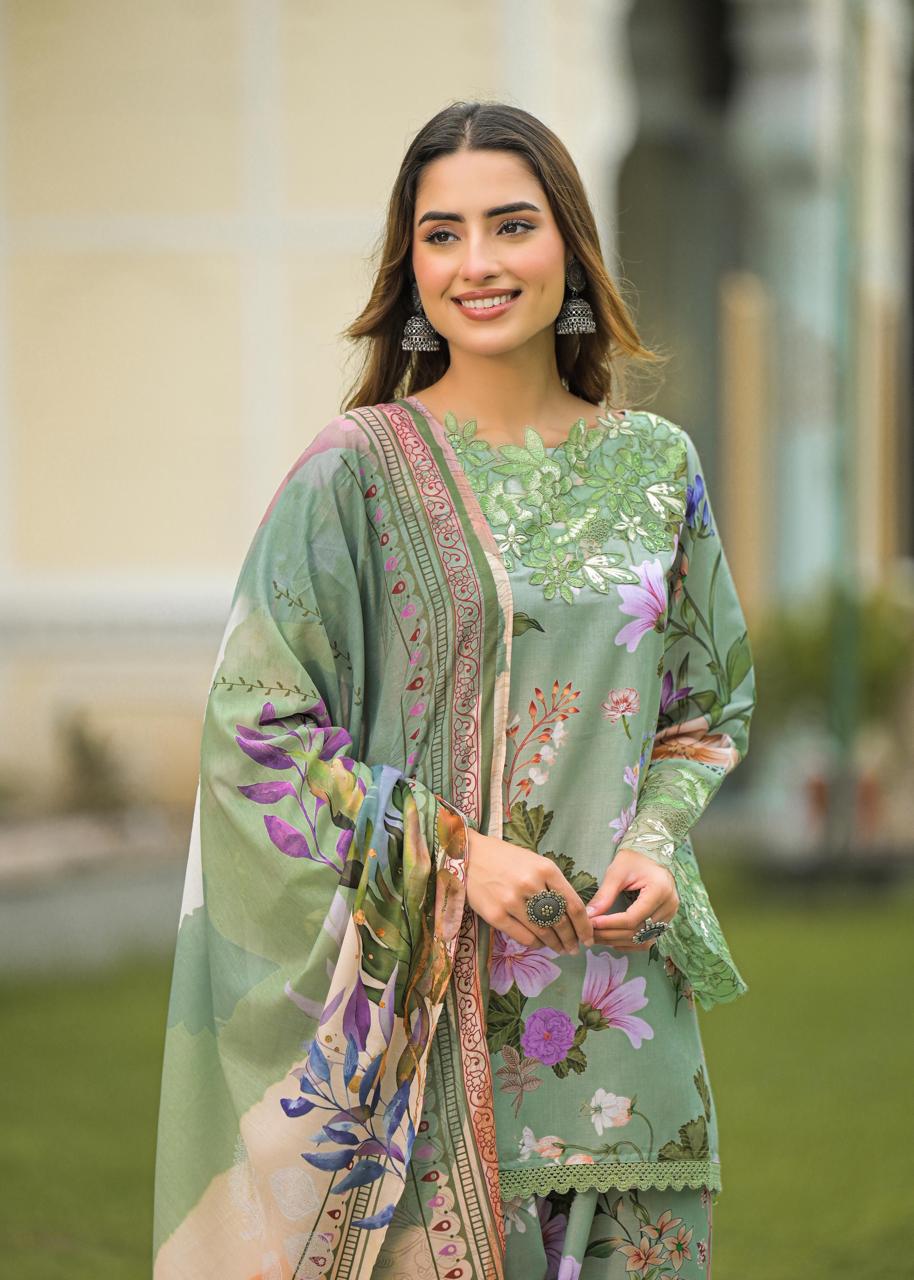 Linen cotton Pakistani style lace detailing farsi suit set in green