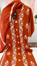 Pure cotton embroidered suit set paired with Lehariya dupatta in rust