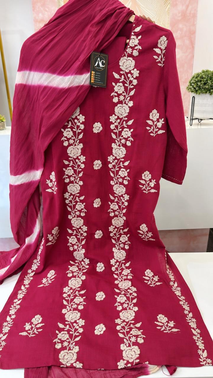 Pure cotton embroidered suit set paired with Lehariya dupatta in pink