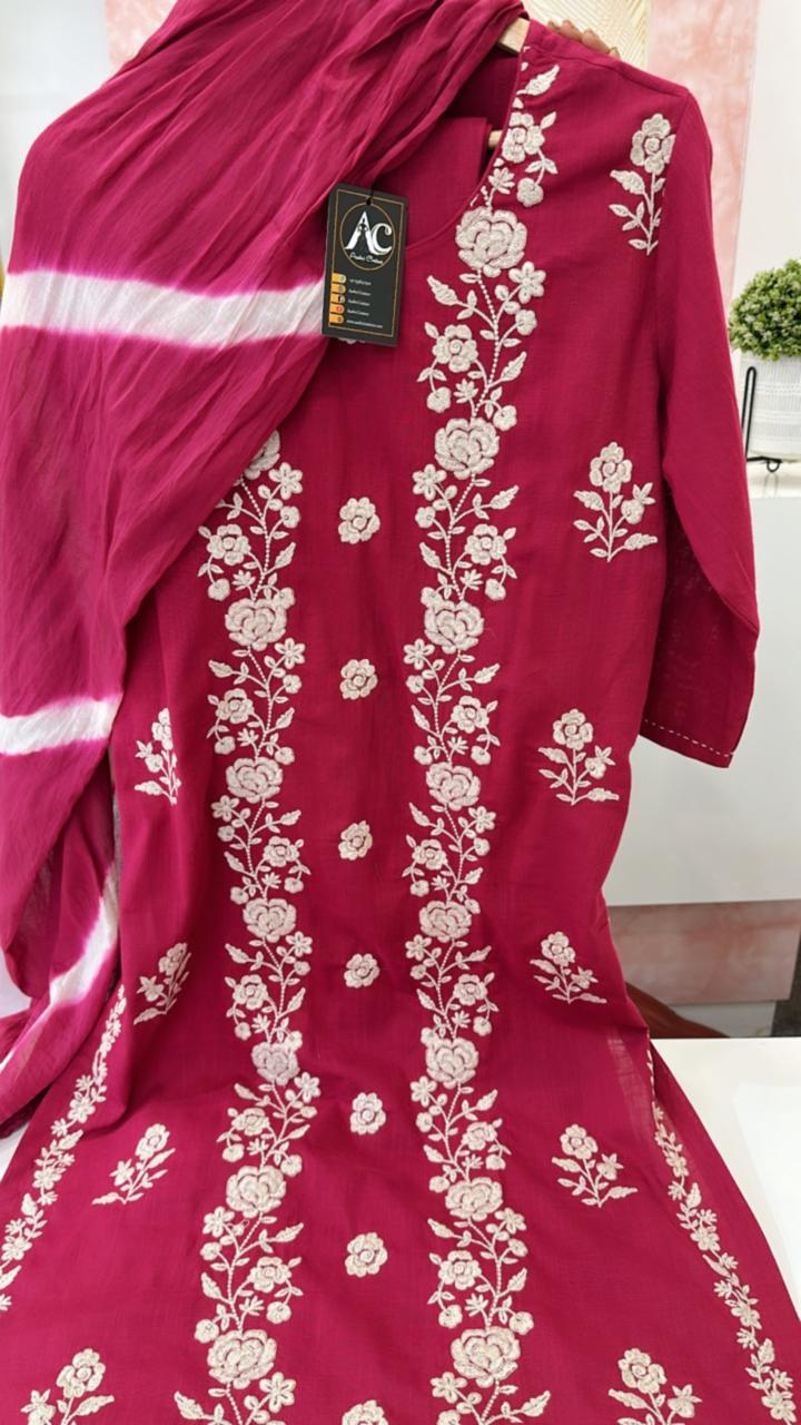 Pure cotton embroidered suit set paired with Lehariya dupatta in pink