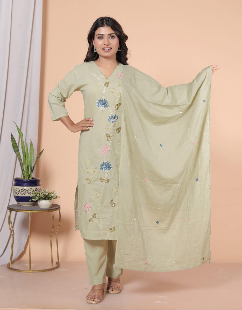 Pure cotton embroidered full suit set in green