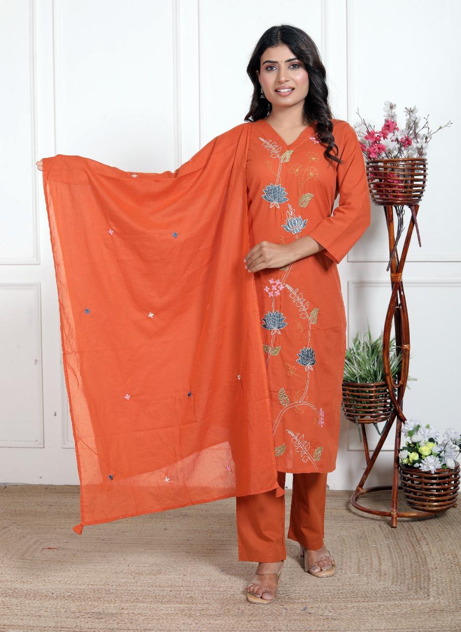 Pure cotton embroidered full suit set in rust