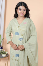 Pure cotton embroidered full suit set in green