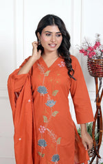 Pure cotton embroidered full suit set in rust