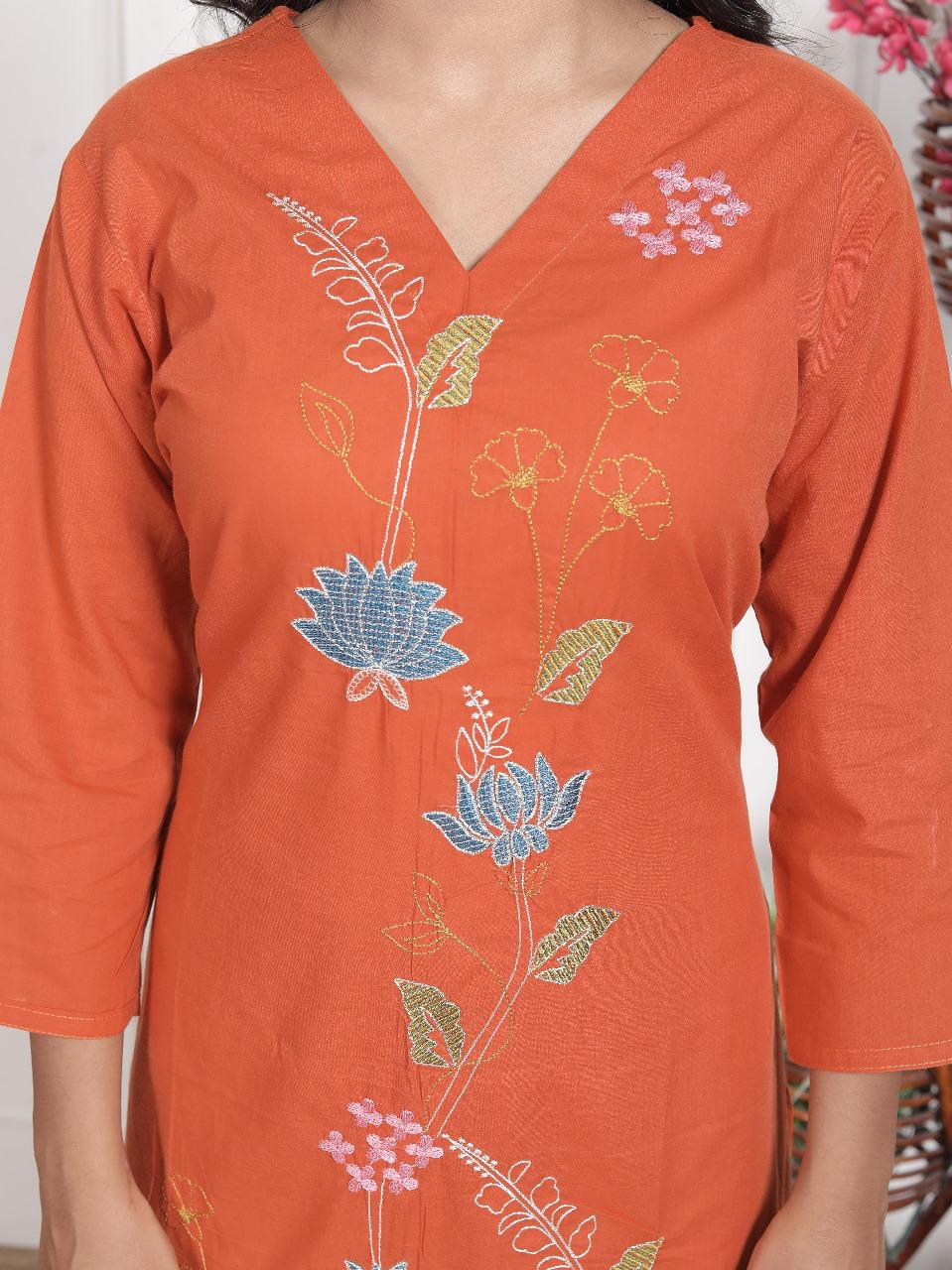 Pure cotton embroidered full suit set in rust