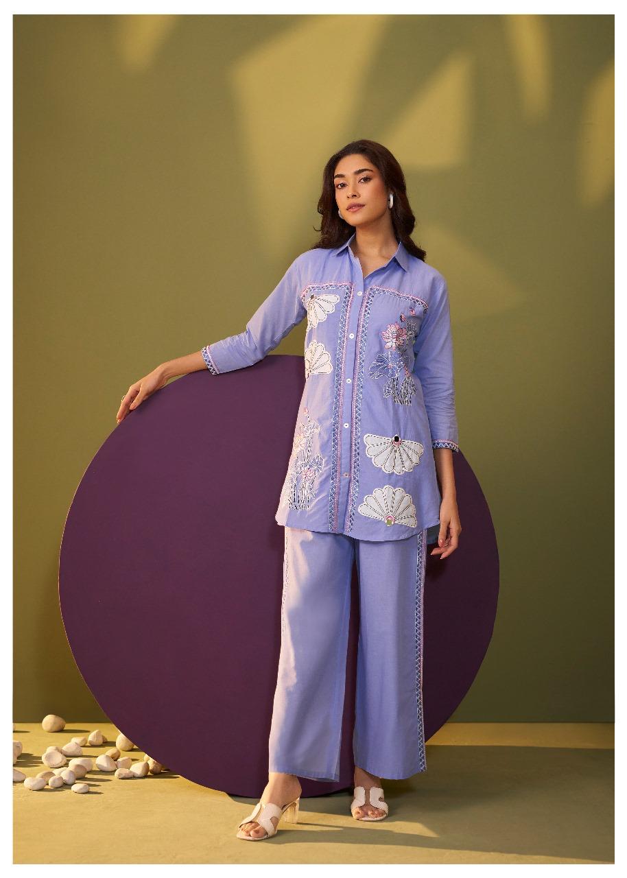 Pretty cotton appliqué work co ord set in purple