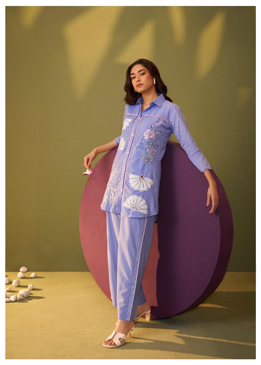 Pretty cotton appliqué work co ord set in purple