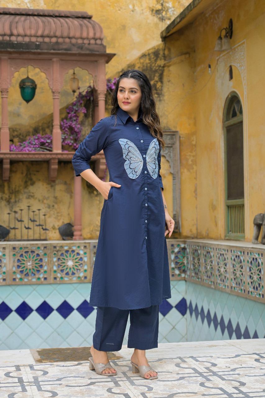 Appliqué work blue cotton co ord set