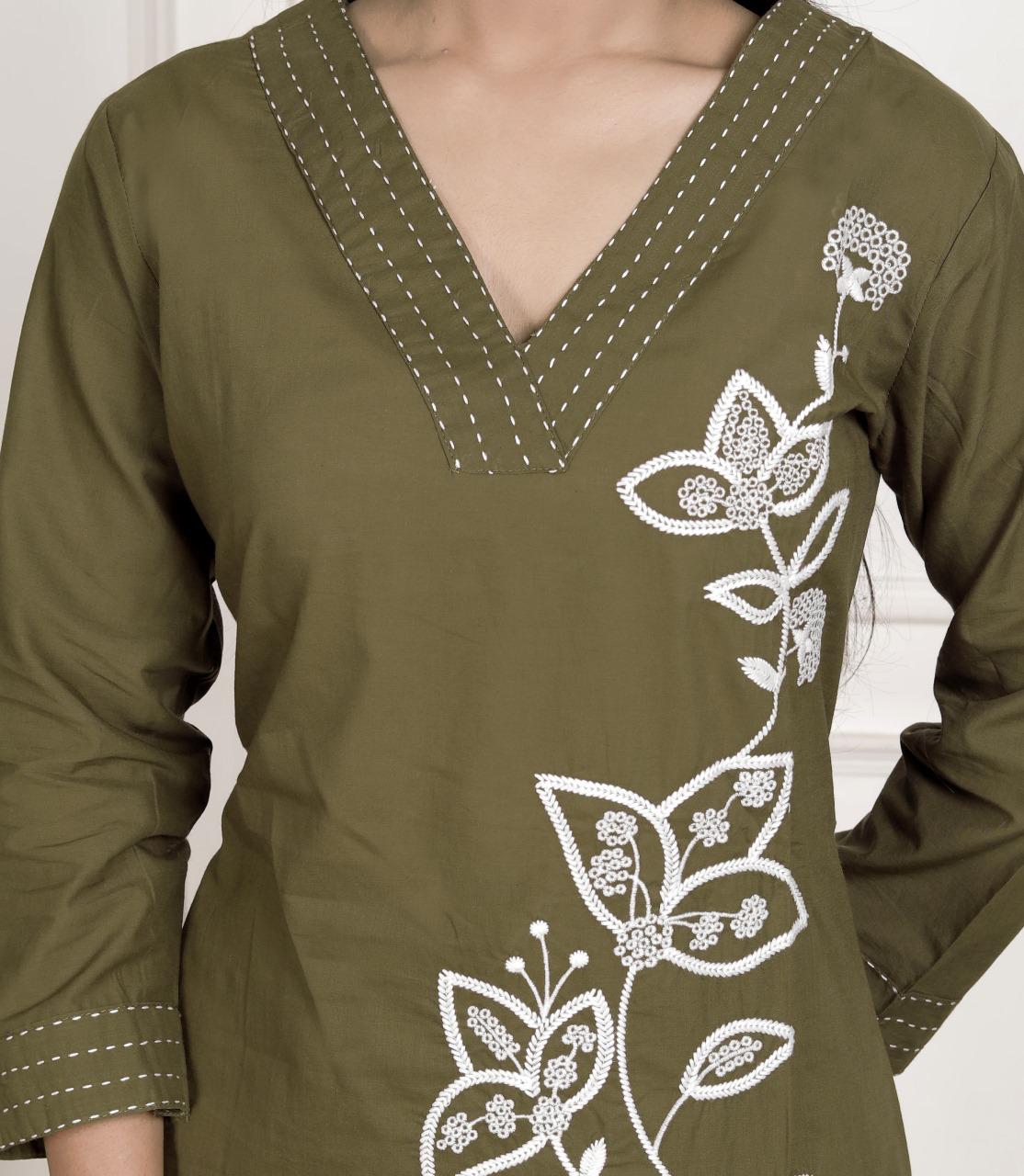 Olive green embroidered kurta pant