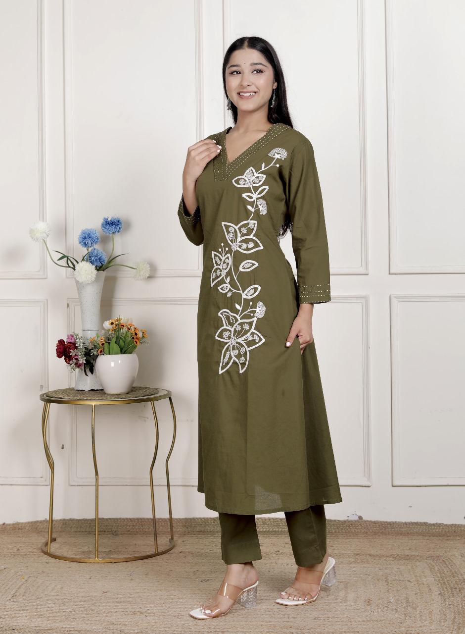 Olive green embroidered kurta pant