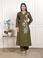 Olive green embroidered kurta pant