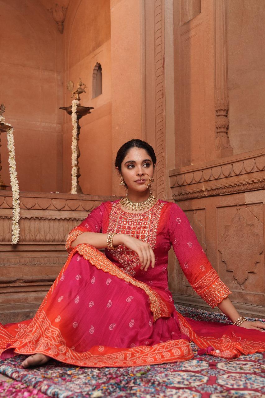 Pure chinon bandhani skirt, kurta dupatta in ombré