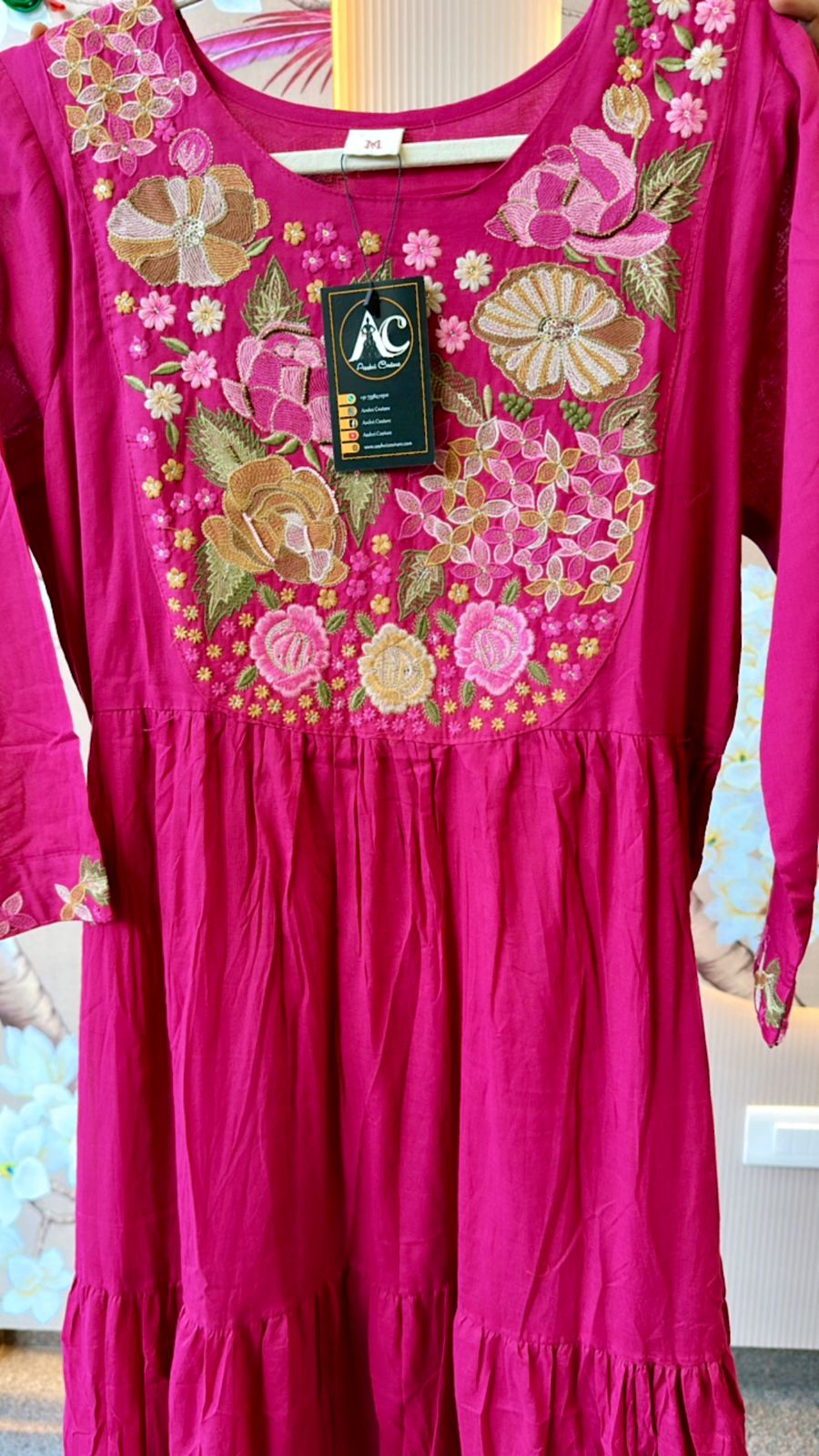 Pretty cotton embroidered lining gown in Rani pink