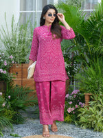 Smart pure crepe bandhani co ord set in pink