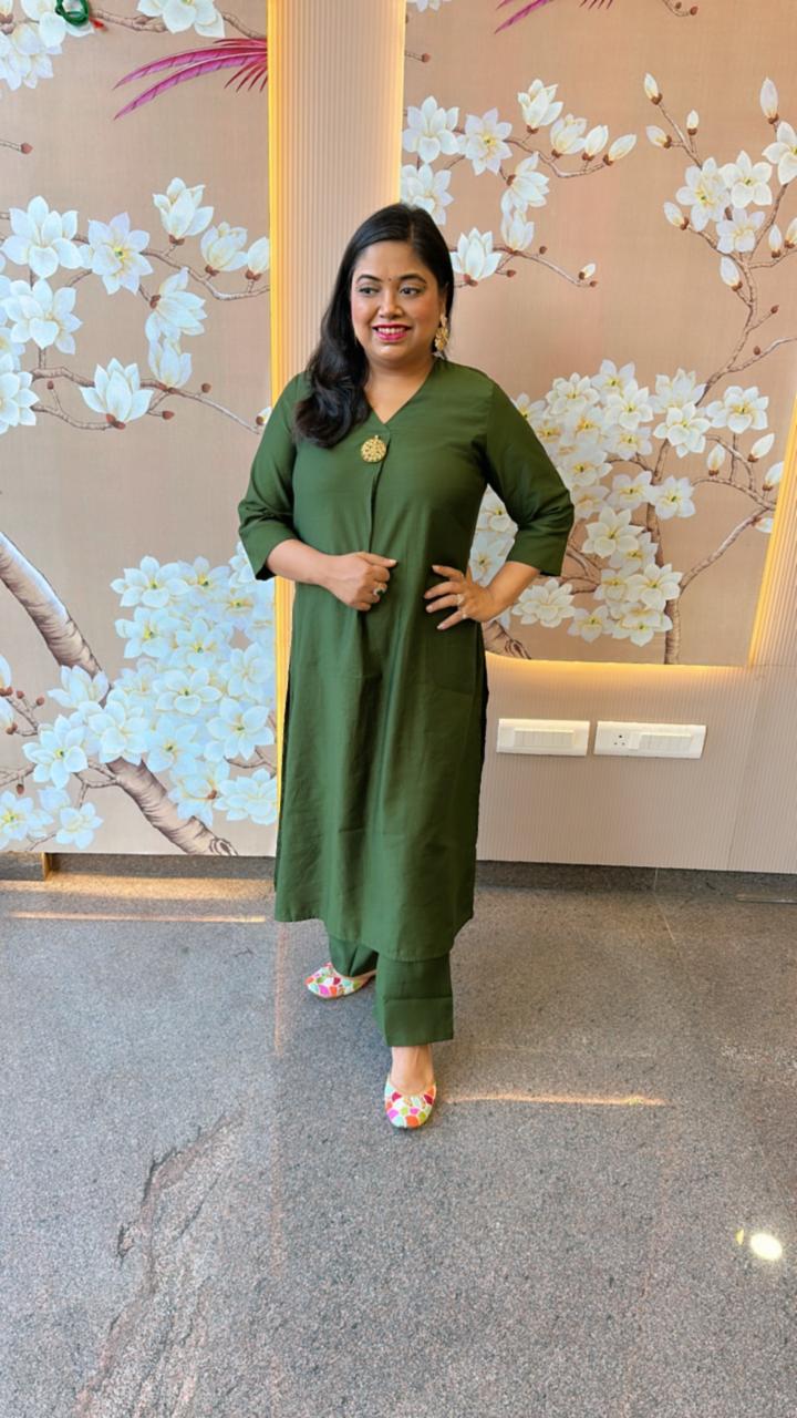 Raw silk smart kurta pant in green