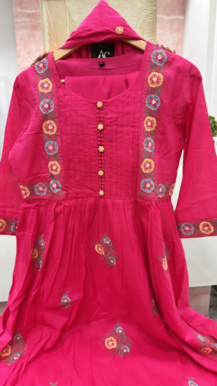 Pure cotton embroidered full suit set in pink