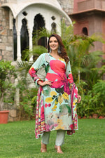 Gaji silk lakri patta floral suit set