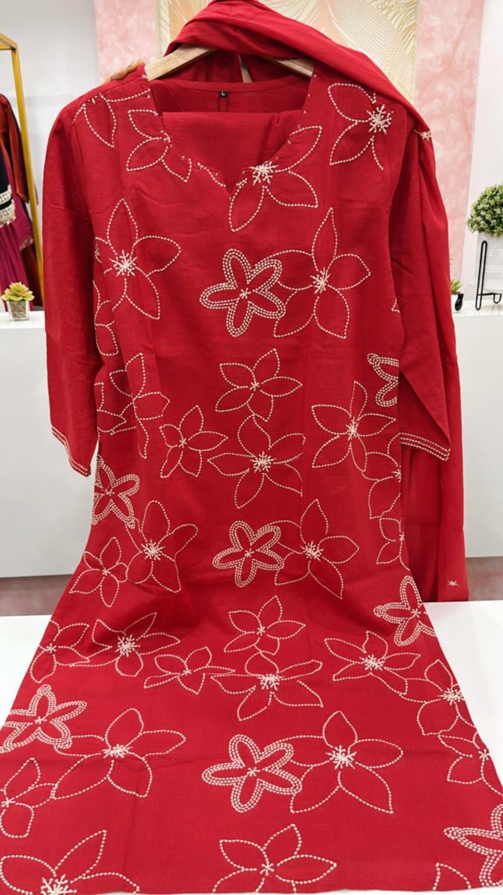 Pure cotton embroidered full suit in red