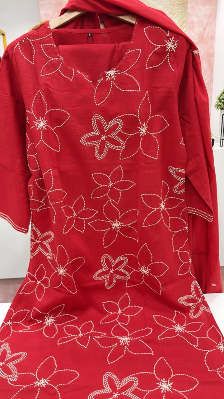 Pure cotton embroidered full suit in red