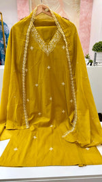 Pure cotton embroidered lace detailing suit set in yellow