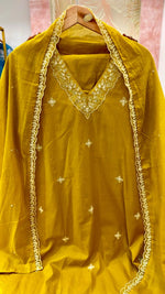 Pure cotton embroidered lace detailing suit set in yellow