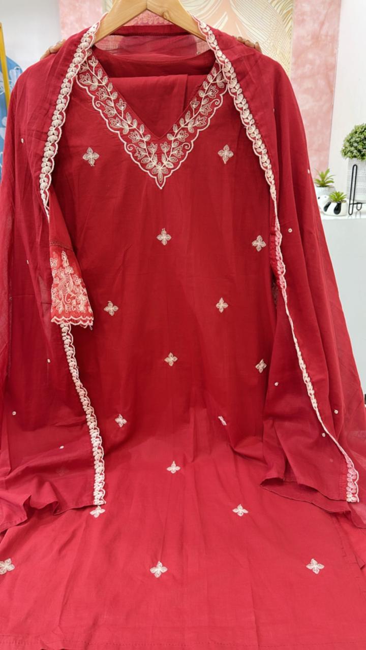 Pure cotton embroidered lace detailing suit set in red