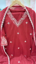 Pure cotton embroidered lace detailing suit set in red