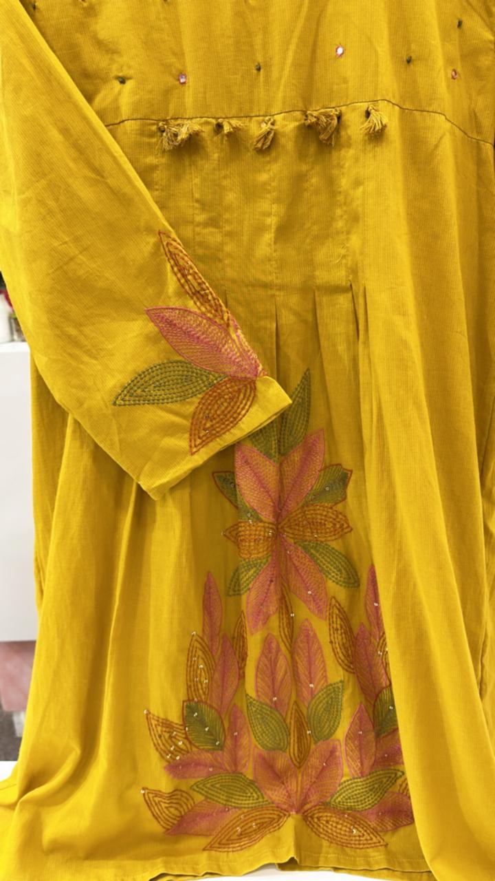 Pure Mul cotton appliqué work co ord set in yellow