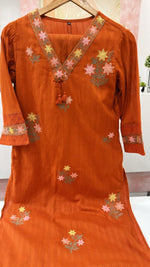 Fully embroidered rust cotton kurta pant