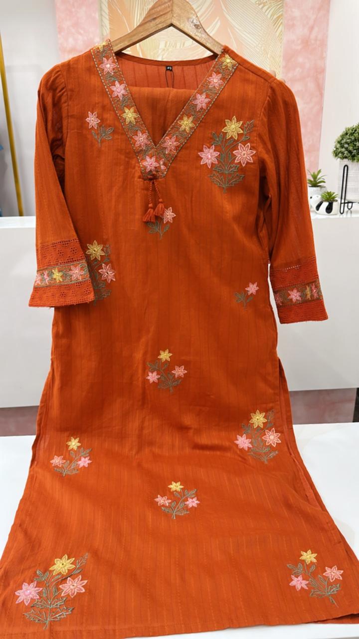 Fully embroidered rust cotton kurta pant