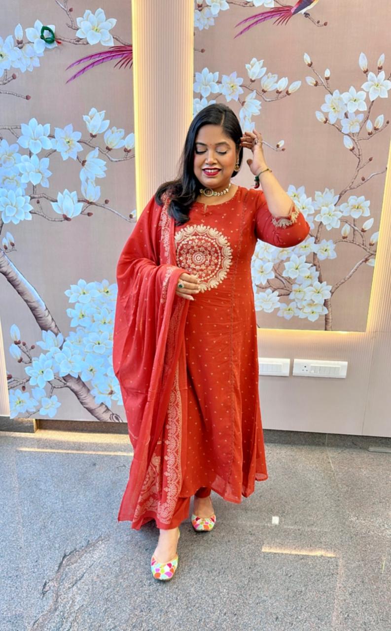 Restocked! Pure Mul cotton zari embroidered full suit in rust