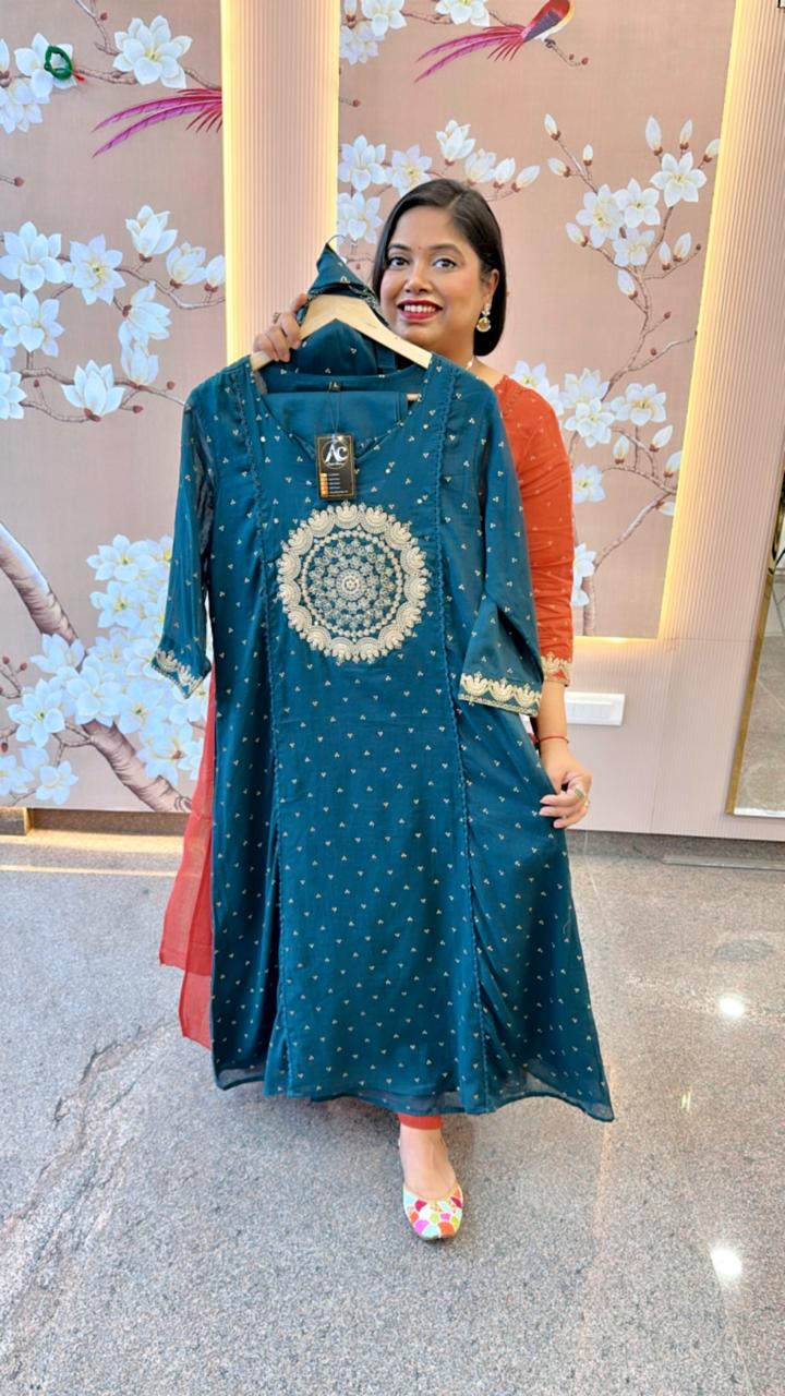 Restocked! Pure Mul cotton zari embroidered full suit in Rama Green
