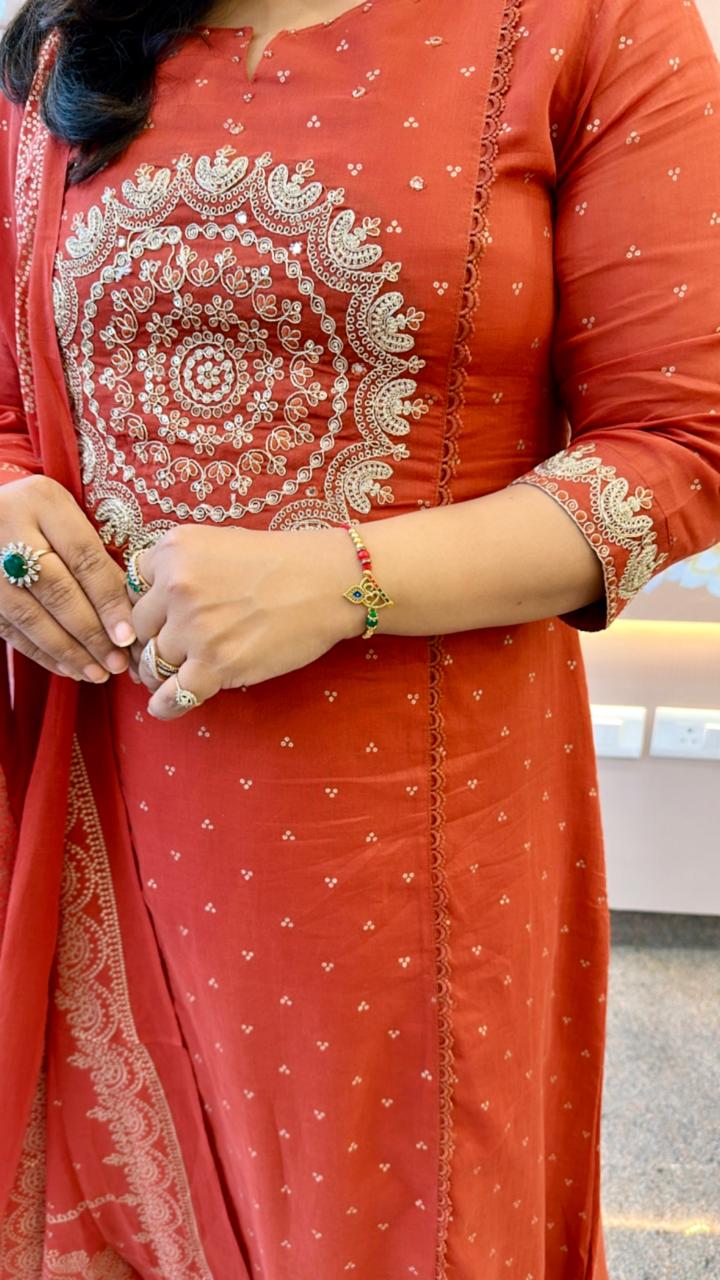 Restocked! Pure Mul cotton zari embroidered full suit in rust