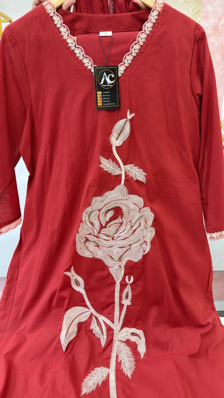 Super gorgeous rose embroidered suit set in red