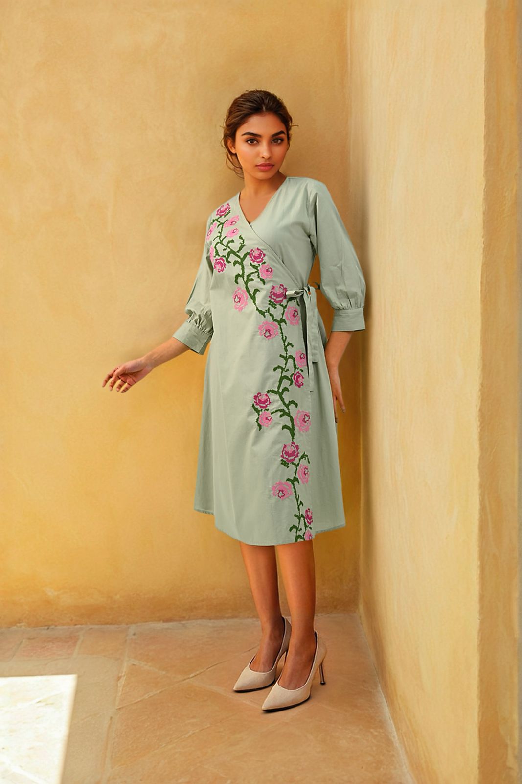 Pista green embroidered cotton wrap on dress