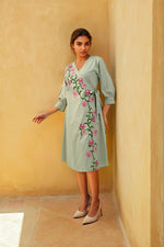 Pista green embroidered cotton wrap on dress
