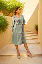 Pista green embroidered cotton wrap on dress
