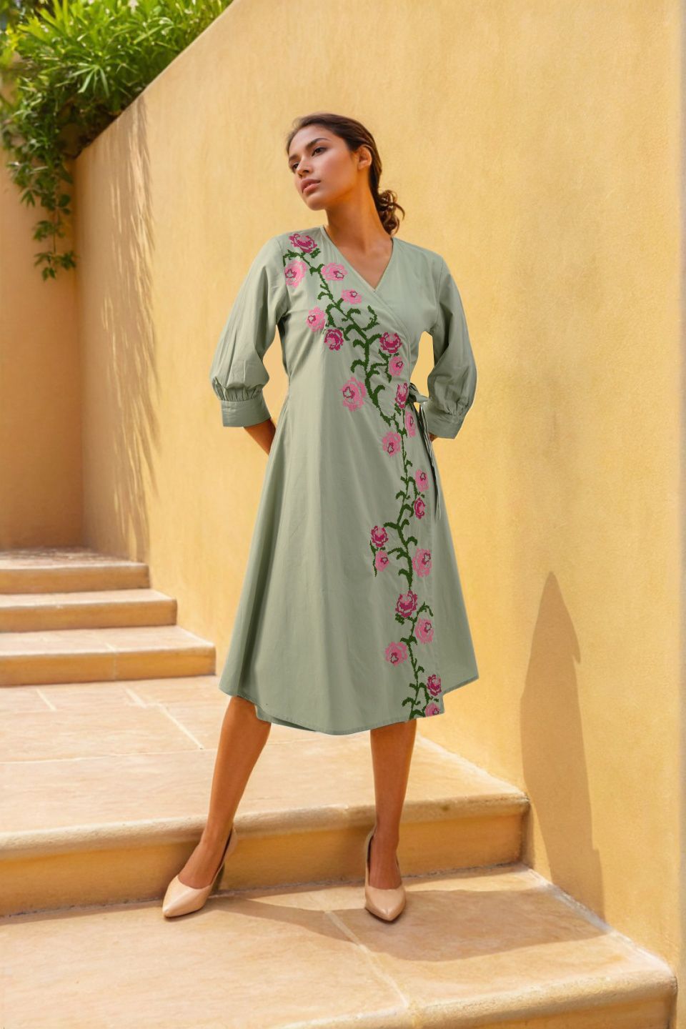 Pista green embroidered cotton wrap on dress